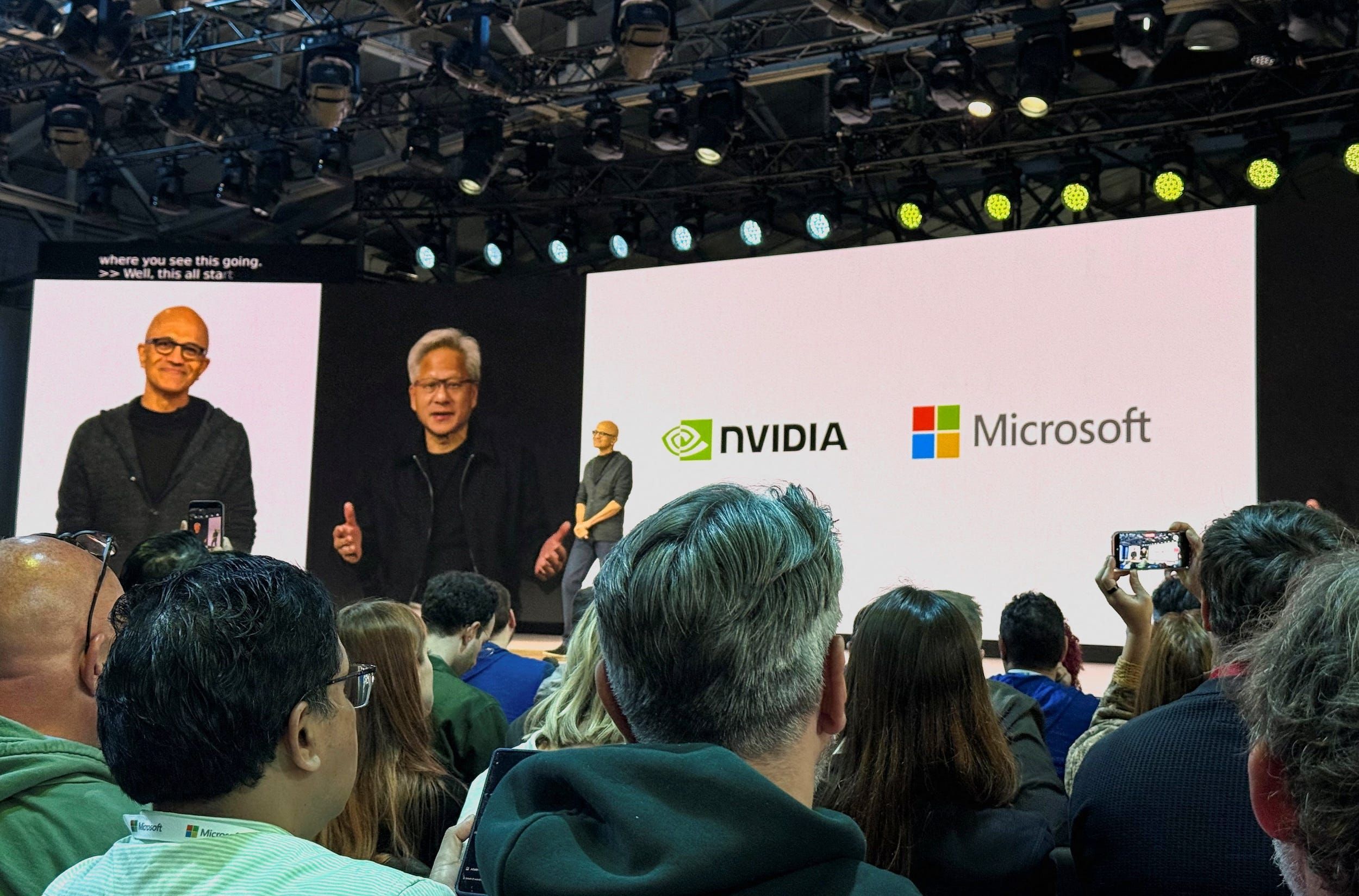 Nvidia CEO Jensen Huang appears by video link alongside Microsoft CEO Satya Nadella. - Jeffrey Dastin/Reuters