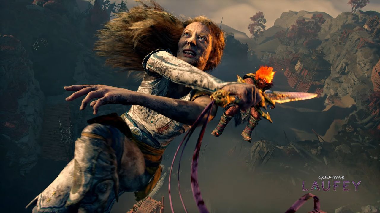 God of War Laufey warrior Faye mid-air with sword - gamesradar.com