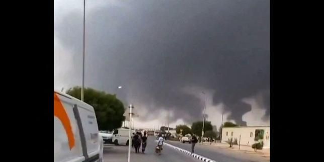 Clouds of smoke rise after strikes on the Saudi Aramco refinery in Jizan, in a screen grab from undated social-media footage verified by AFPTV teams. - UGC/AFPTV via Le Monde
