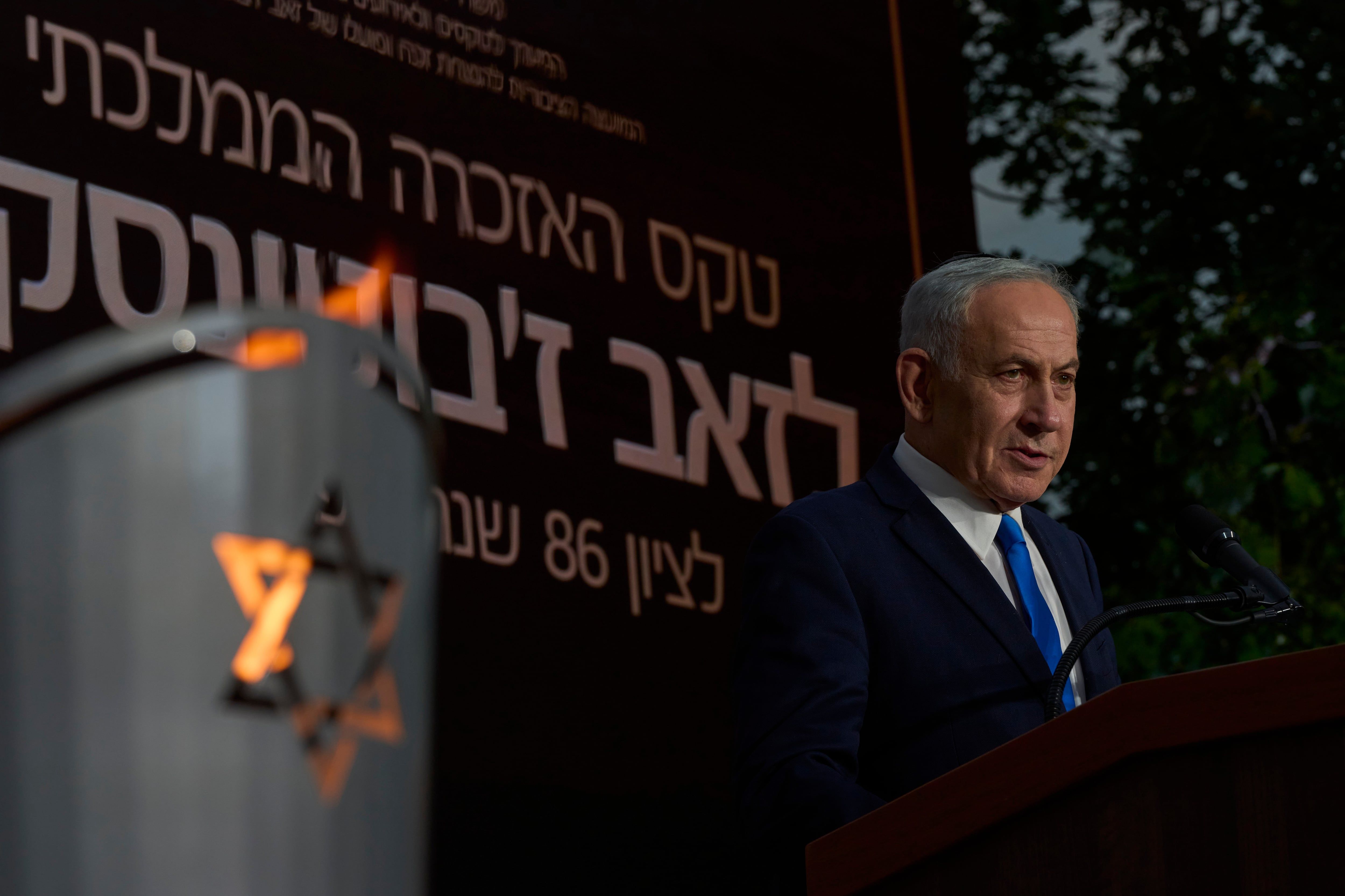 Israeli Prime Minister Benjamin Netanyahu speaks at the state memorial for Ze'ev Jabotinsky, at Mount Herzl Military Cemetery in Jerusalem, Tuesday, July 14, 2026. - AP Photo/Ohad Zwigenberg