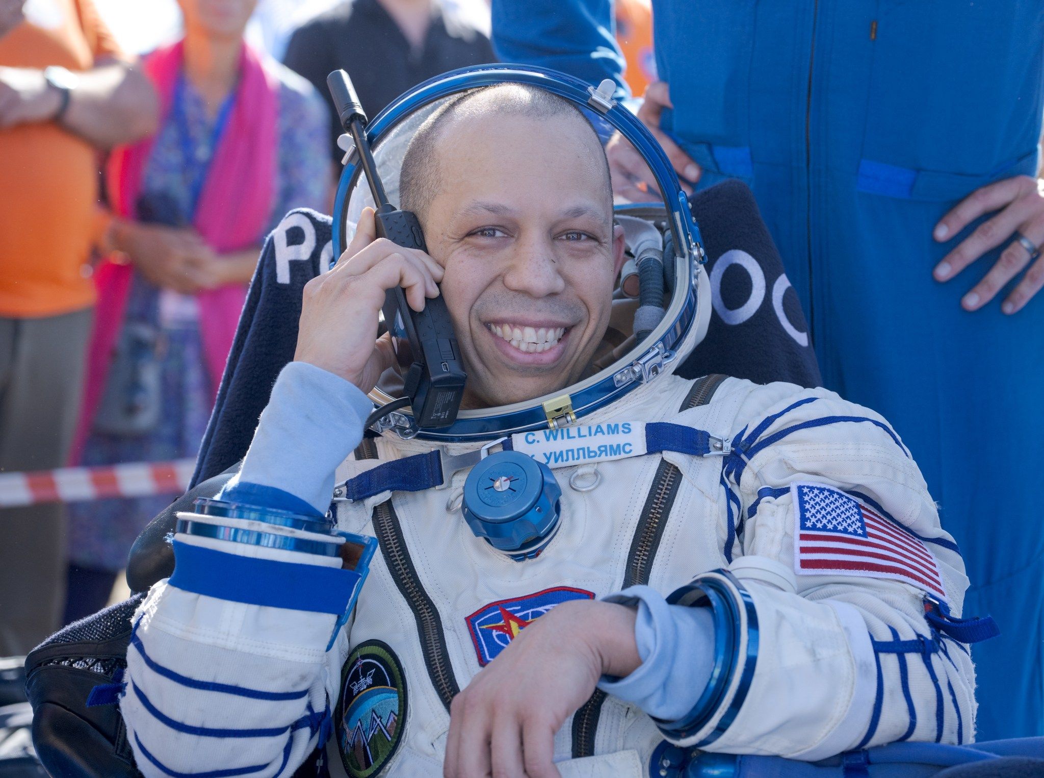 NASA astronaut Chris Williams shortly after landing with Roscosmos cosmonauts Sergey Kud-Sverchkov and Sergei Mikaev in Kazakhstan. - NASA/Bill Ingalls