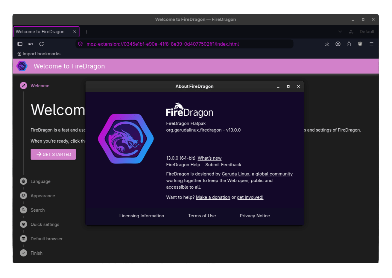 FireDragon browser about dialog from the v13 release coverage - itsfoss.com