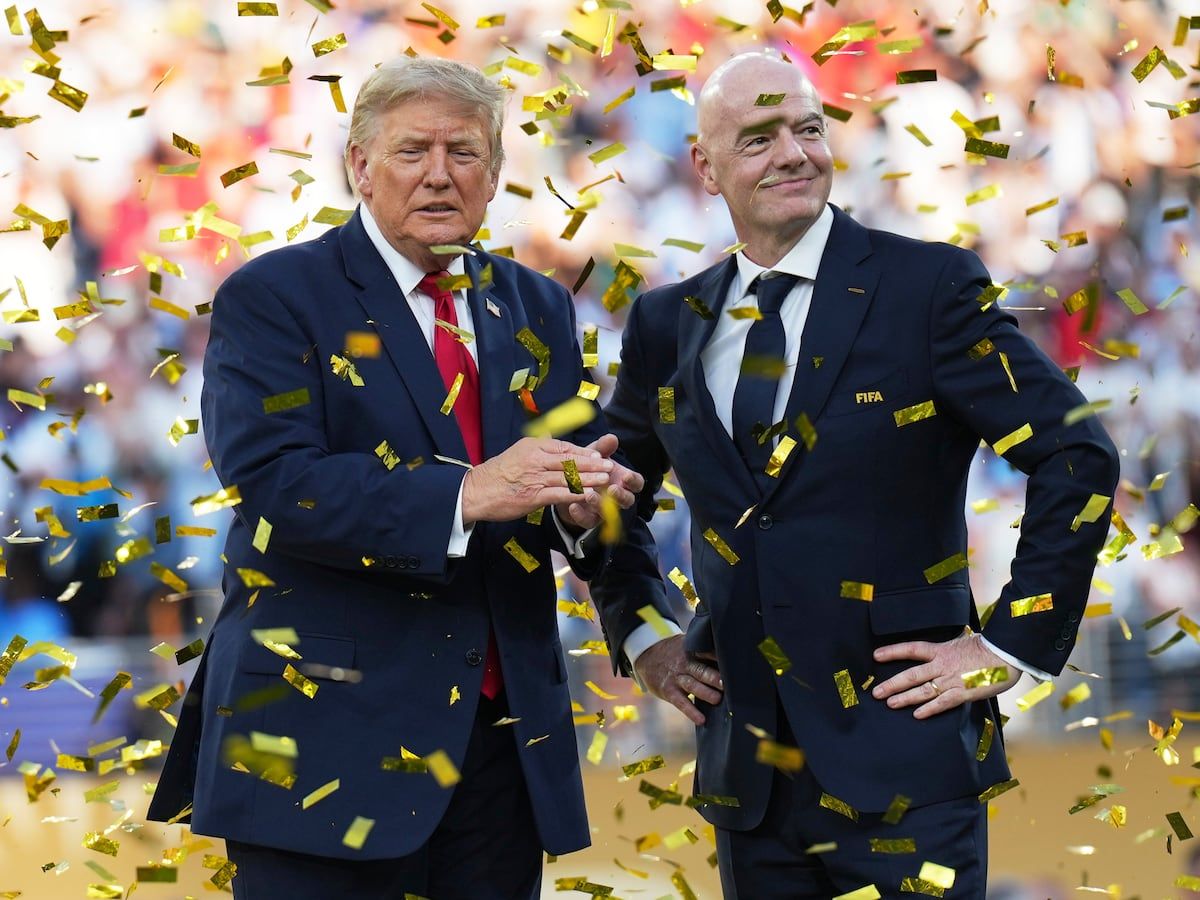 President Donald Trump and FIFA President Gianni Infantino watch confetti fall after the World Cup final in East Rutherford, N.J., on July 19, 2026. - AP Photo/Jacquelyn Martin