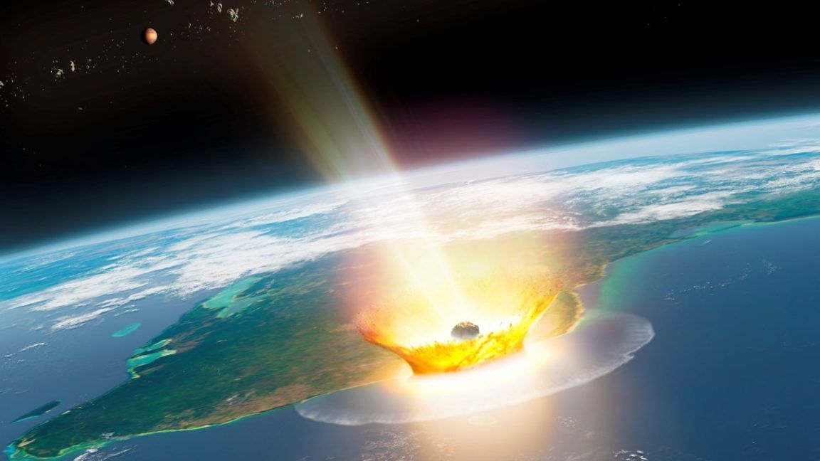 Artist impression of a large asteroid impacting on Earth, such as the Chicxulub event that caused the end-Cretaceous mass extinction 66 million years ago. - Mark Garlick