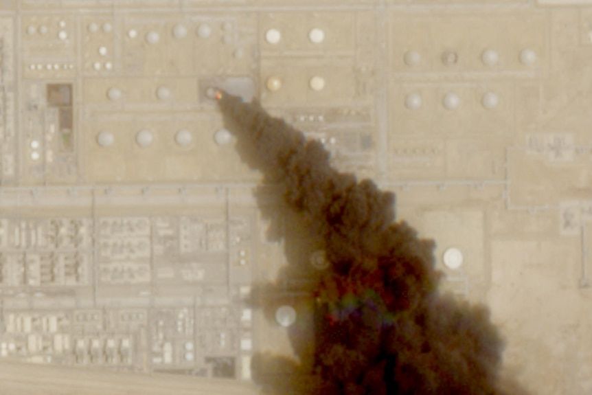 A satellite image shows a trail of smoke rising from an oil facility in Jizan, Saudi Arabia. - Reuters/European Union Copernicus Sentinel 2