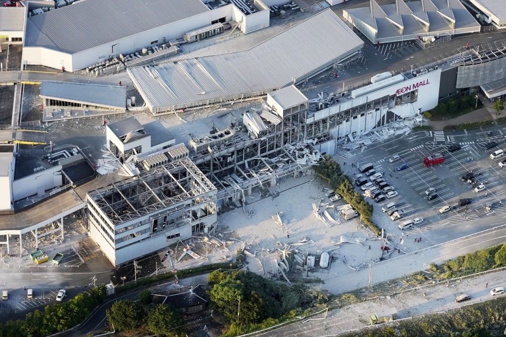 Aerial image of the damaged mall following the earthquake in Kashima, Kumamoto Prefecture, on July 28, 2026. - Kyodo News via AP