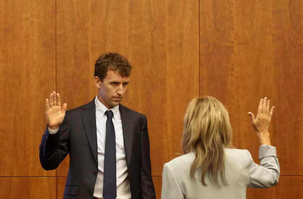 Patrick Clancy is sworn in during the Lindsay Clancy murder trial at Plymouth Superior Court on Wednesday, July 29, 2026. - David L. Ryan/The Boston Globe via AP, Pool