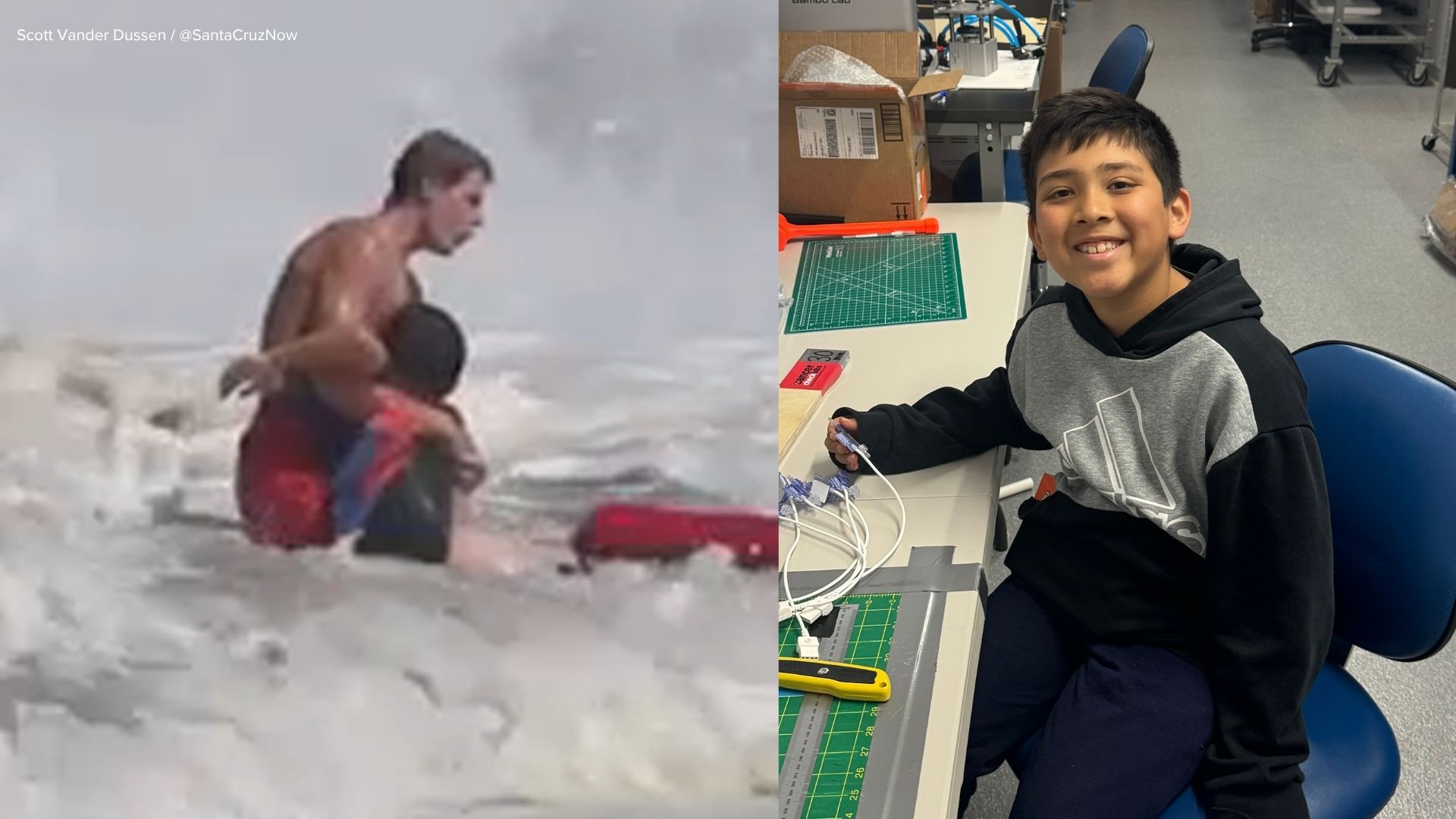 Image from ABC7 News coverage of the rescued boy's family discussing the Santa Cruz surf rescue. - abc7news.com