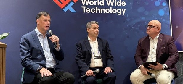 Former NSA cybersecurity directors Rob Joyce and Dave Luber speak with World Wide Technology’s Chris Konrad at an Aug. 5 Black Hat panel. - David DiMolfetta/Nextgov