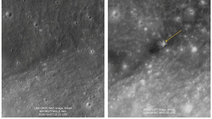 A composite of satellite images shows the Moon's surface before and after the crash. - Reuters: NASA, Korea AeroSpace Administration