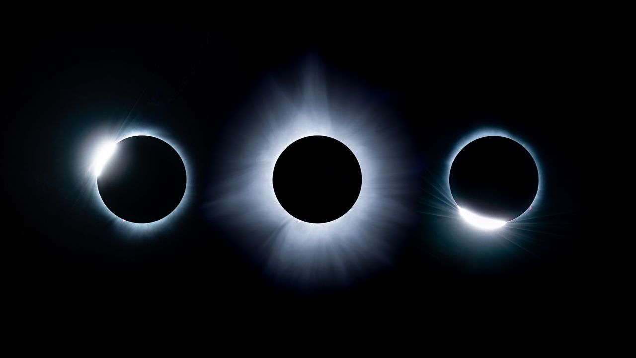 A composite view showing three images of the phases of a solar eclipse. A total solar eclipse is coming to a narrow part of the world on Aug. 12, with a partial eclipse visible widely across Europe and North America. - Getty Images