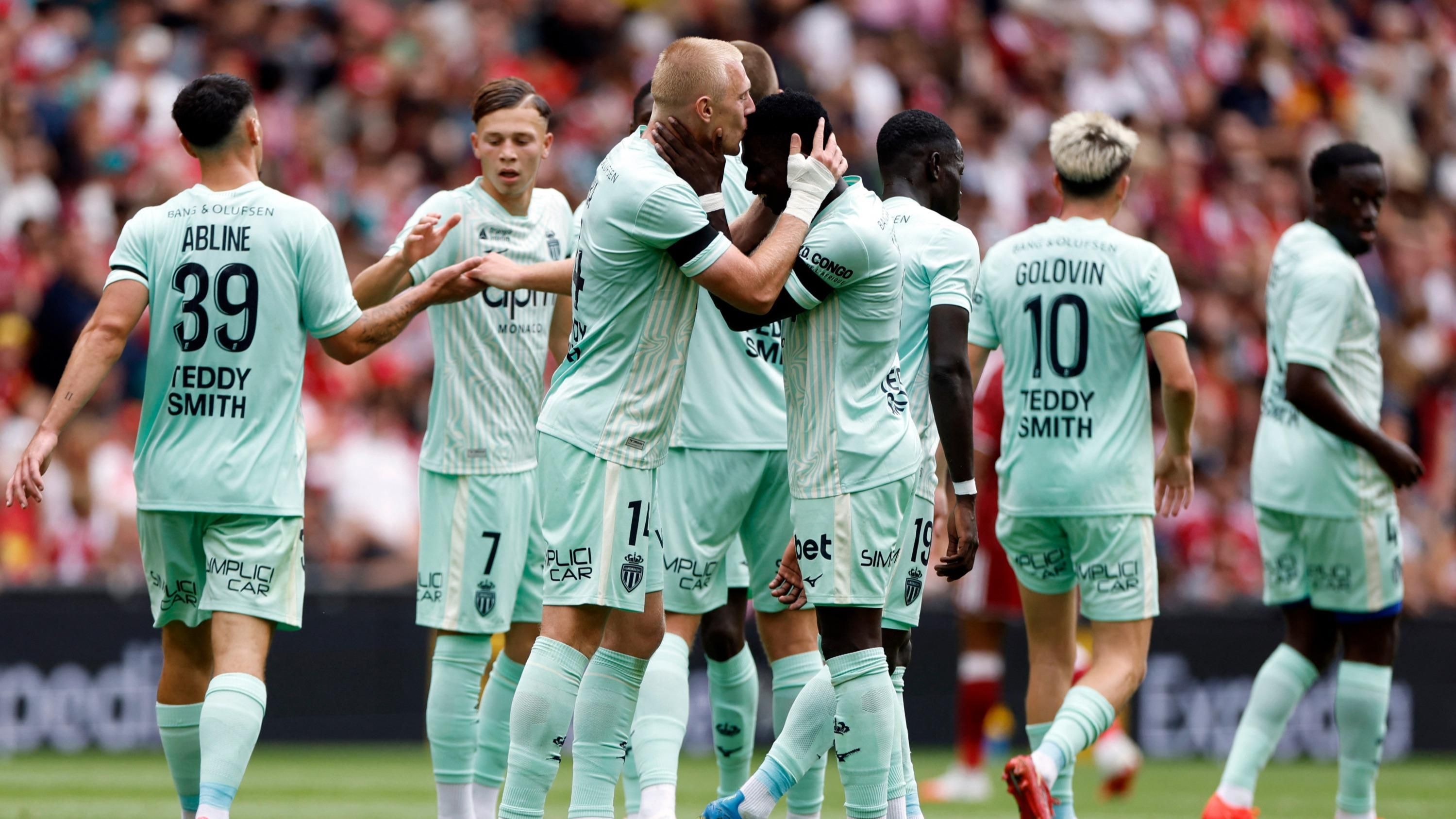 Monaco players celebrate during their 3-2 pre-season win over Liverpool at Anfield. - lefigaro.fr