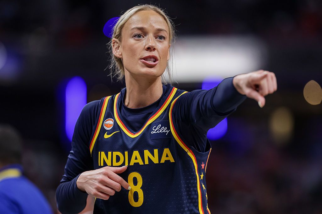 Sophie Cunningham of the Indiana Fever points during a game against the Phoenix Mercury at Gainbridge Fieldhouse on June 22, 2026, in Indianapolis. - Michael Hickey/Getty Images