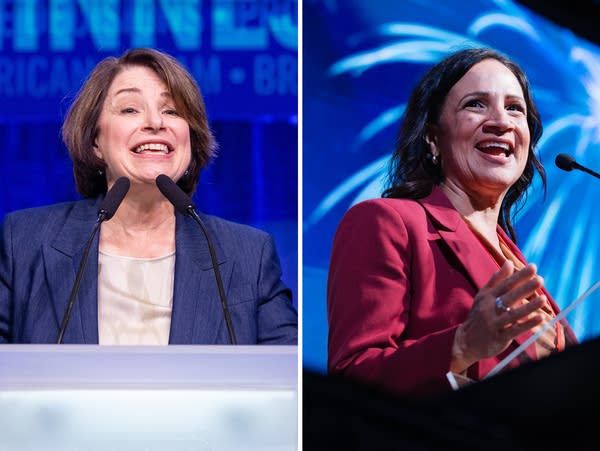 Side-by-side photo of Amy Klobuchar and Lisa Demuth speaking at podiums. - mprnews.org