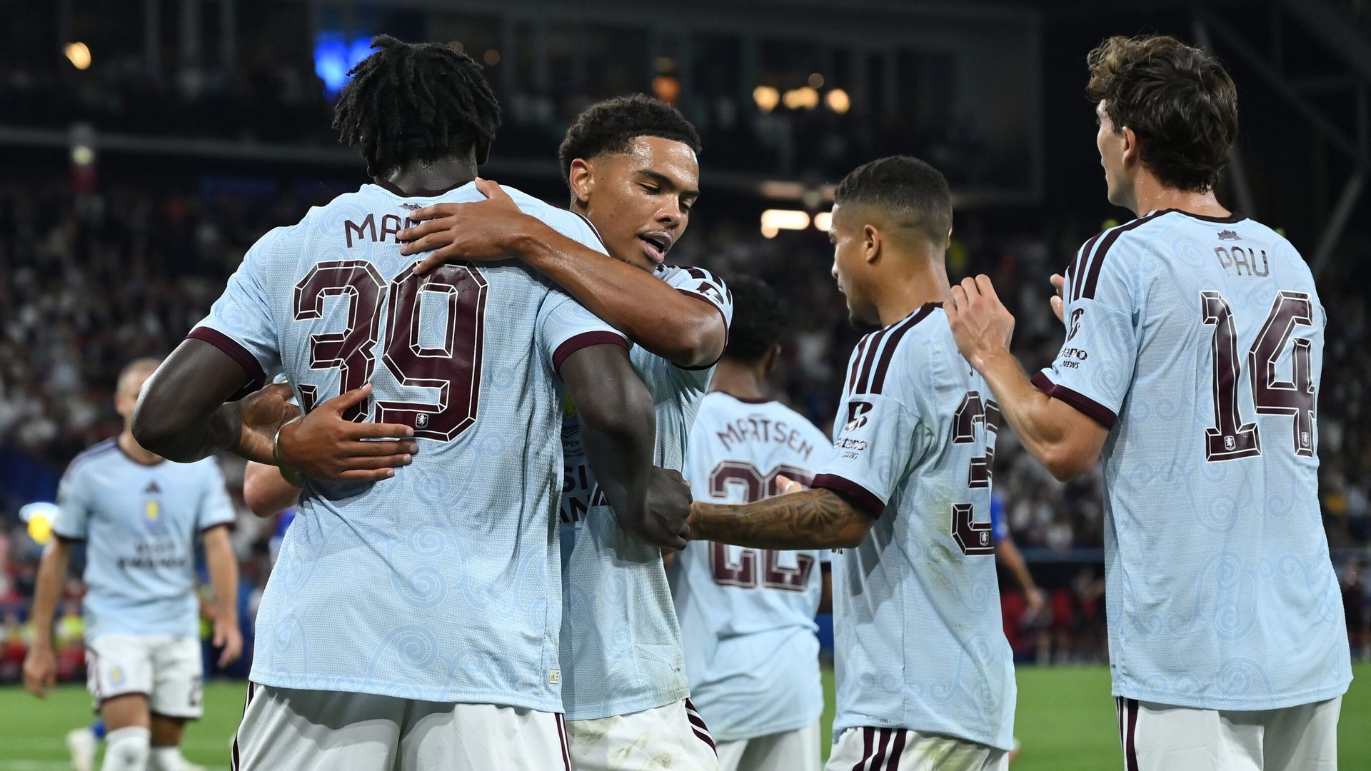Brian Madjo celebrates after scoring Aston Villa's equaliser against PSG in the UEFA Super Cup final. - sky.com