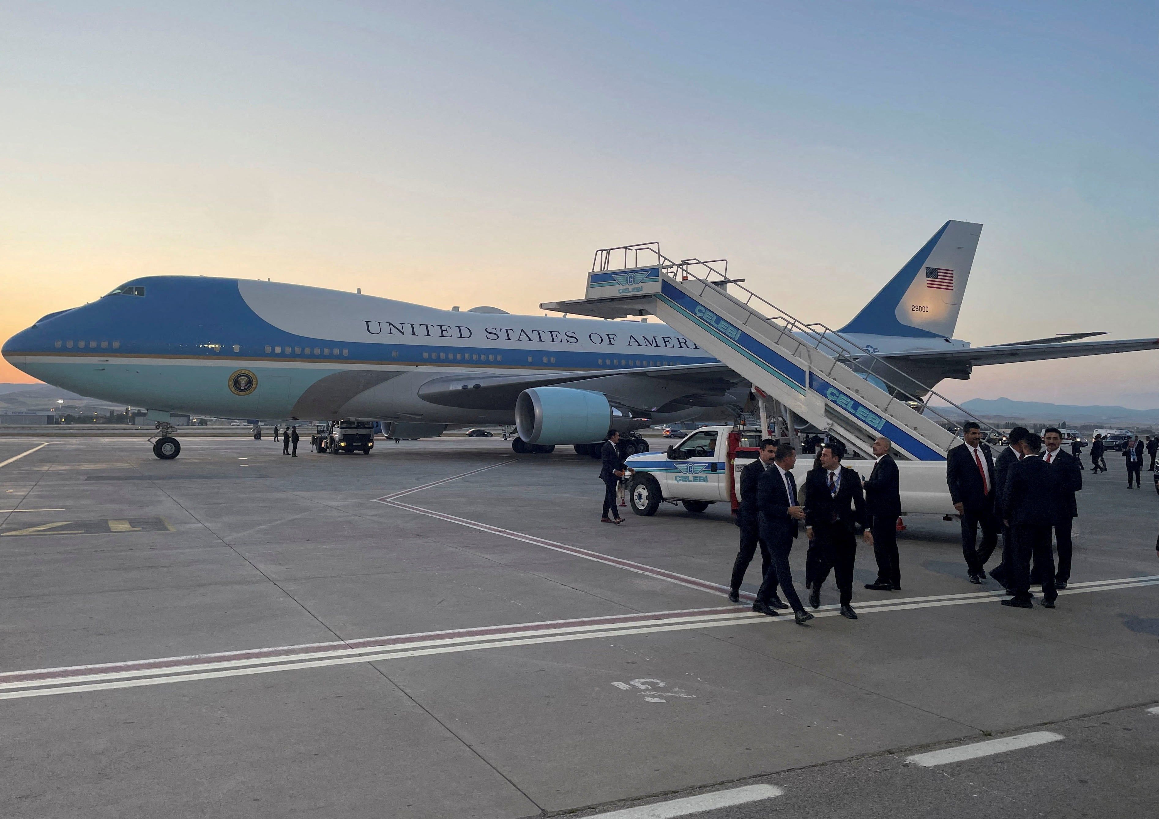A catering truck is parked on the other side of Air Force One before President Trump’s departure from Ankara after the NATO leaders’ summit on July 8. - Reuters