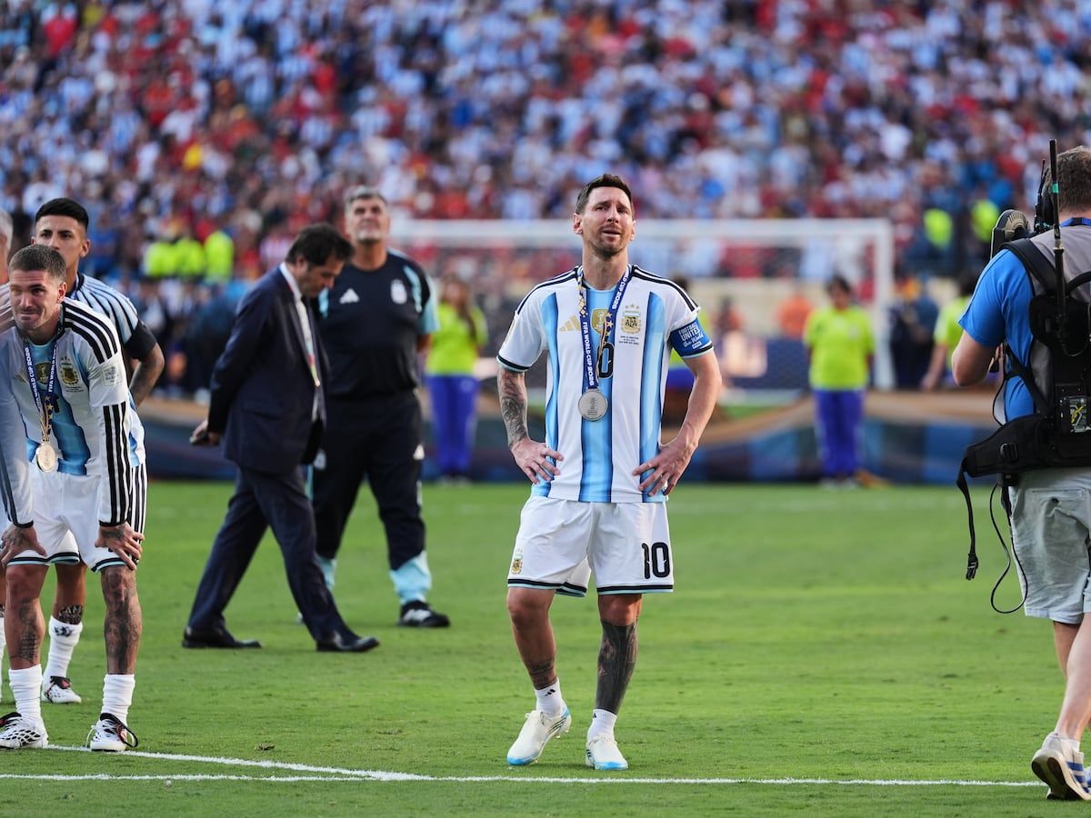 Argentina's Lionel Messi cries at the end of the World Cup final soccer match between Spain and Argentina in East Rutherford, N.J., near New York, Sunday, July 19, 2026. - AP Photo/Stephanie Scarbrough