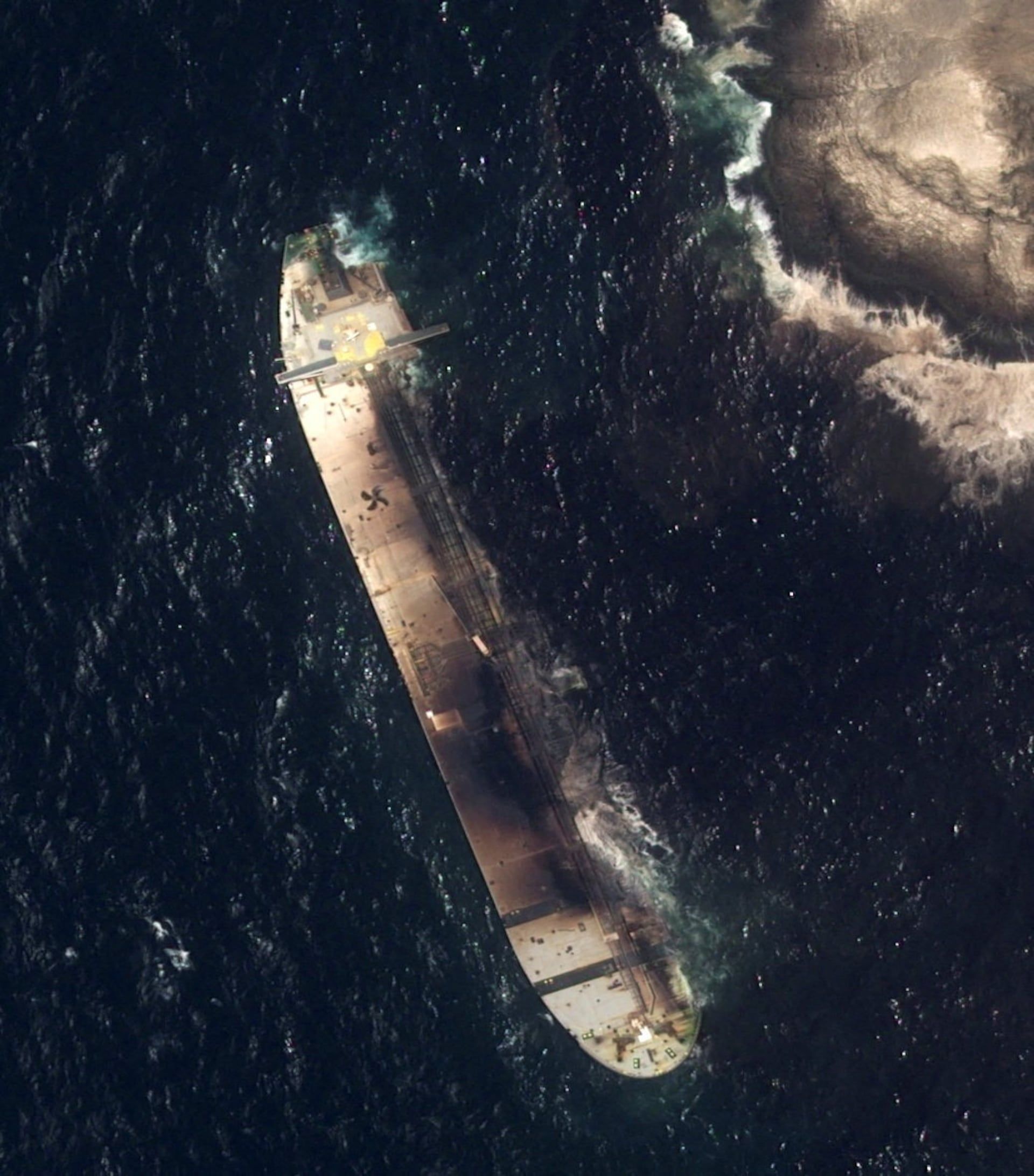 Close-up of a satellite image shows the damaged vessel Caroline Bezengi at sea off the coast of Oman, August 13, 2026. - Pléiades Neo © Airbus DS 2026/Handout via REUTERS