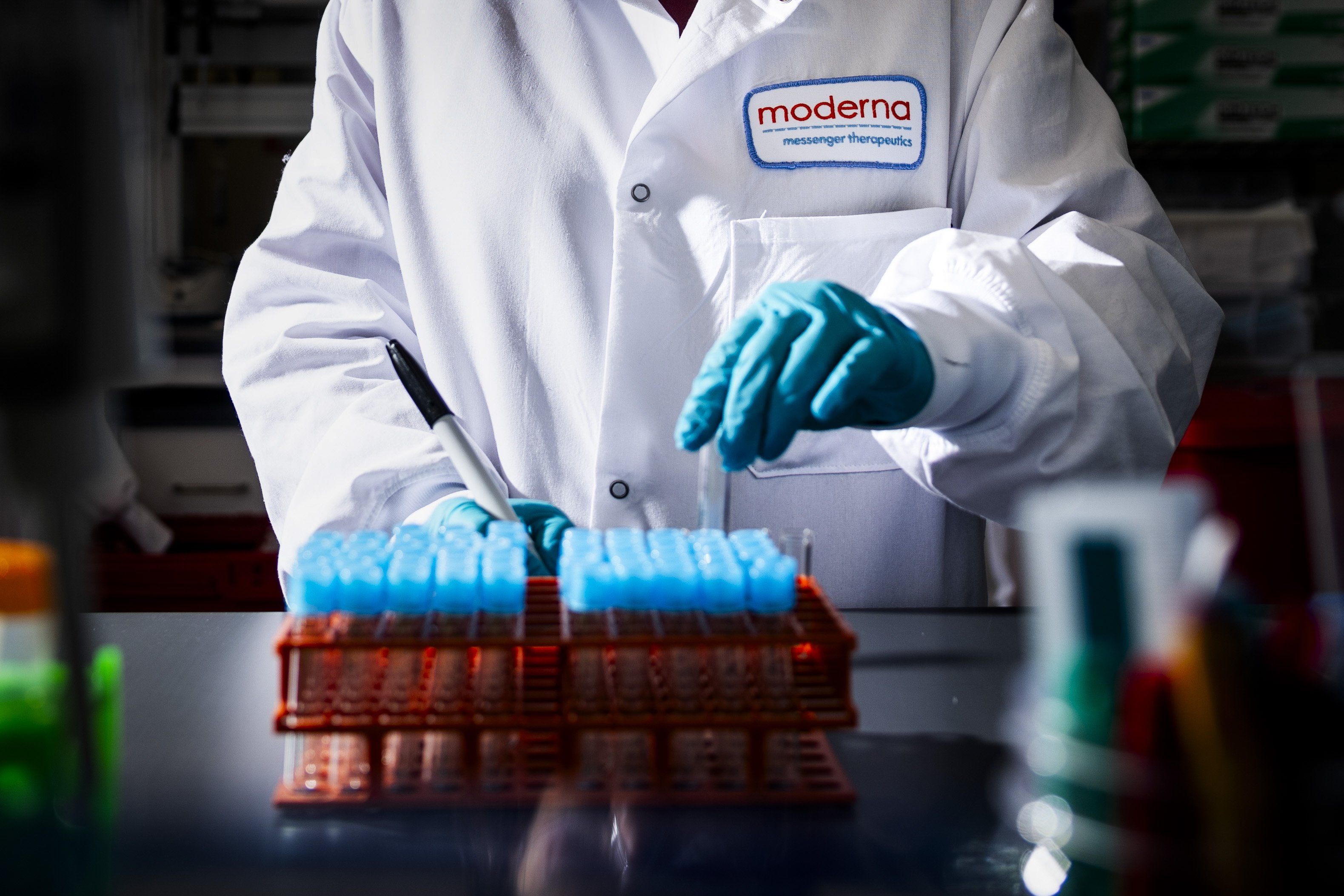 A researcher works in the lab at the Moderna headquarters in Cambridge, Massachusetts. - Getty Images