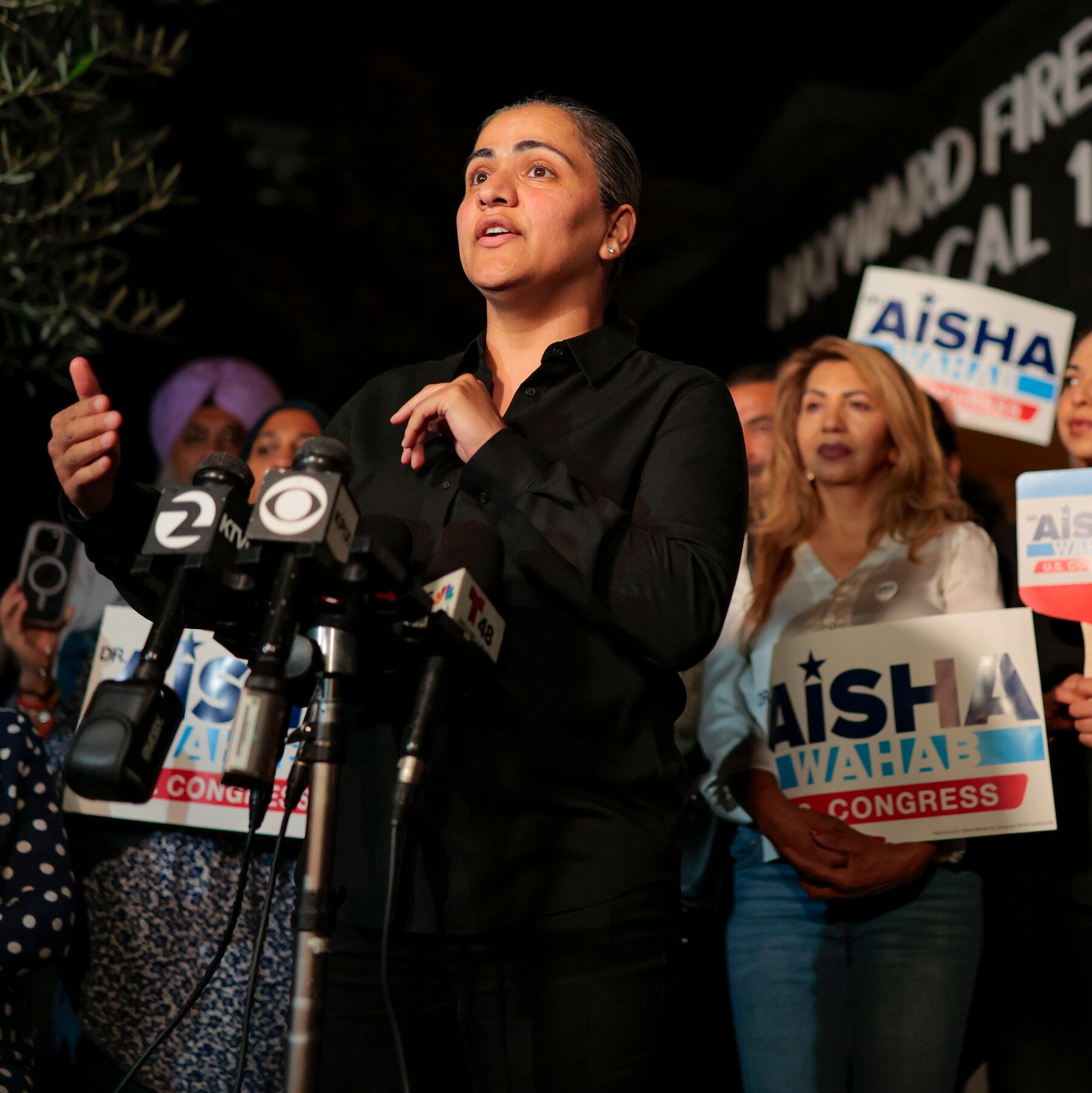 State Senator Aisha Wahab addresses the news media at her election-night watch party in Hayward, Calif., on Tuesday. - nytimes.com