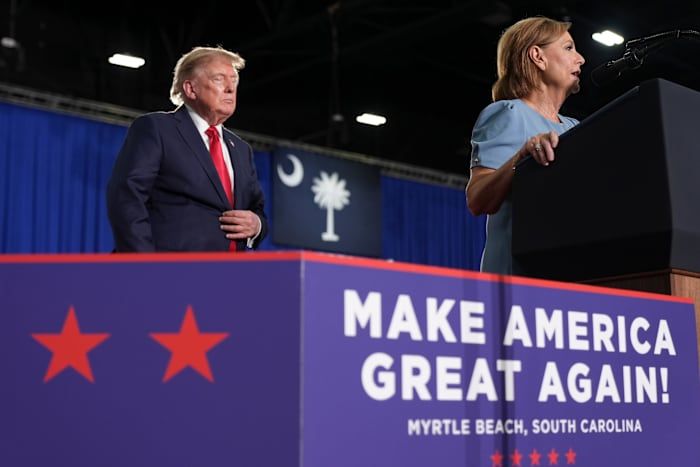 Sen. Darline Graham speaks as President Trump listens at a campaign rally at the Myrtle Beach Convention Center on Aug. 21, 2026. - AP Photo/Jacquelyn Martin