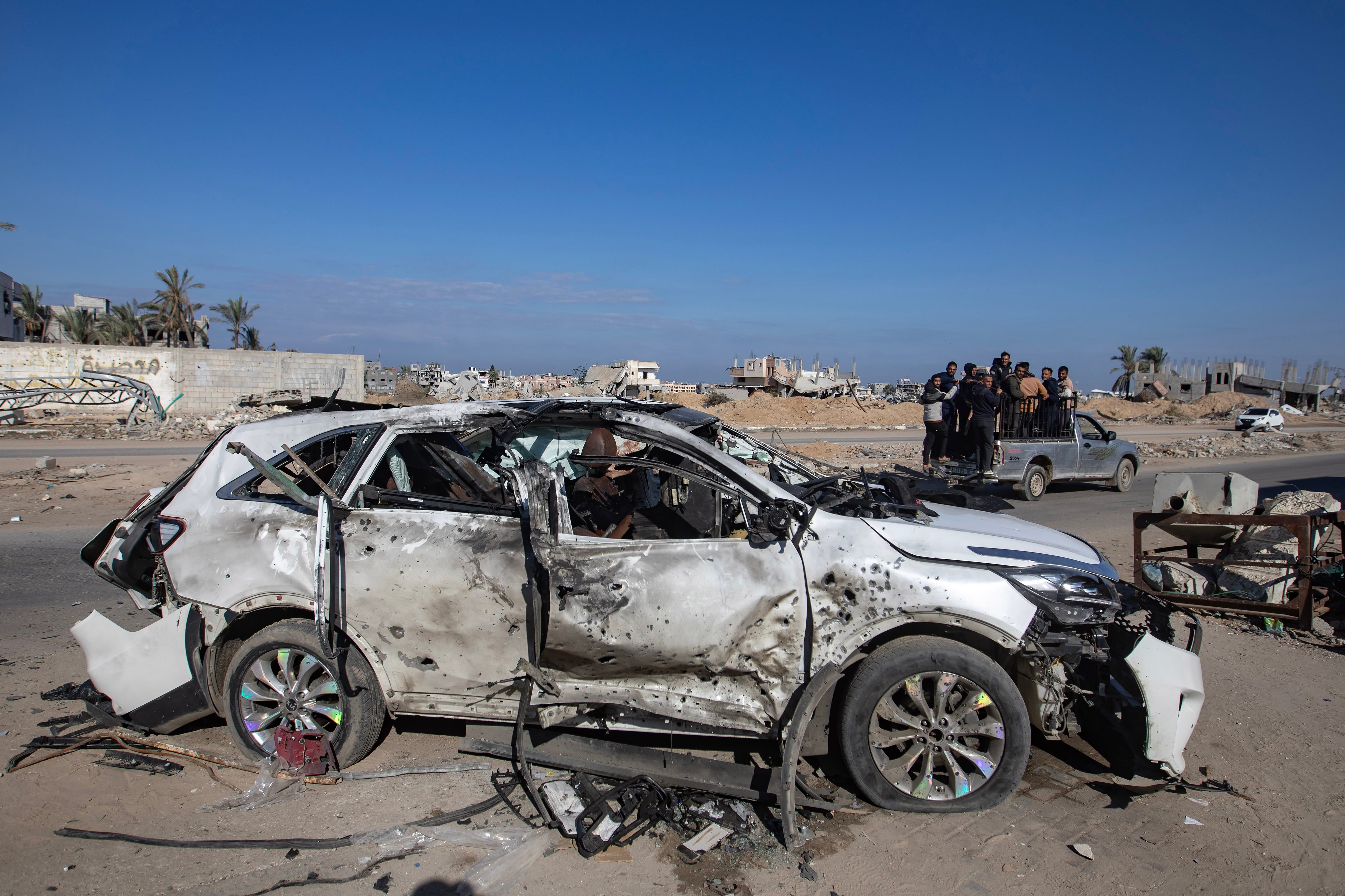 A car which was hit in Israeli strikes, killing workers from the World Central Kitchen. - EPA