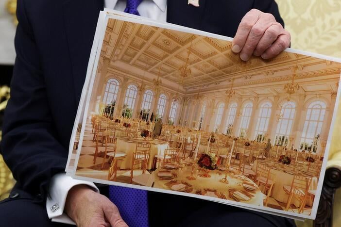 President Trump displays a rendering of his proposed White House ballroom on Oct. 22, 2025. - Getty Images