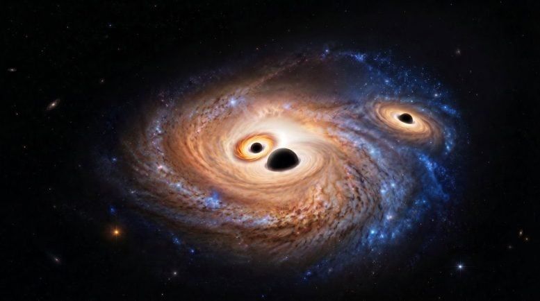 AI-generated visualization of a distant galaxy containing dust, gas, young stars and three massive active black holes with bright accretion disks. - MPE (generated with AI)