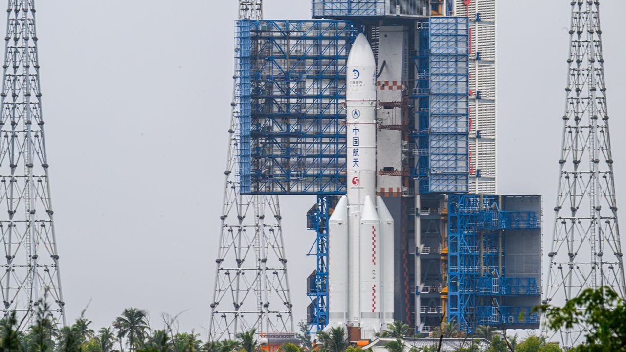 China's Chang'e-7 lunar probe and its Long March 5 rocket are transferred to their pad at the Wenchang Spacecraft Launch Site on Aug. 19, 2026, in Wenchang, Hainan Province. - VCG/VCG via Getty Images
