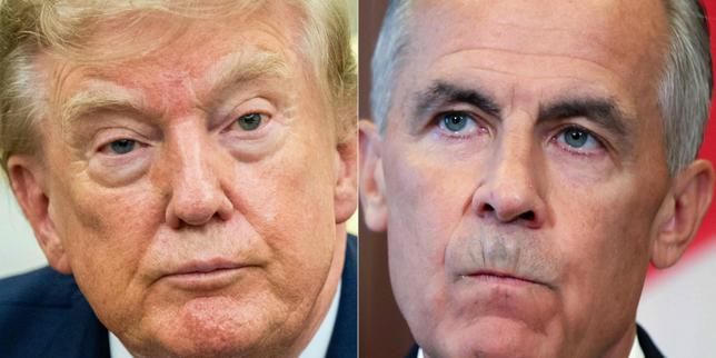 This combination of pictures created on August 24, 2026, shows President Trump in the Oval Office and Canadian Prime Minister Mark Carney at a press conference in Ottawa. - AFP/Getty Images