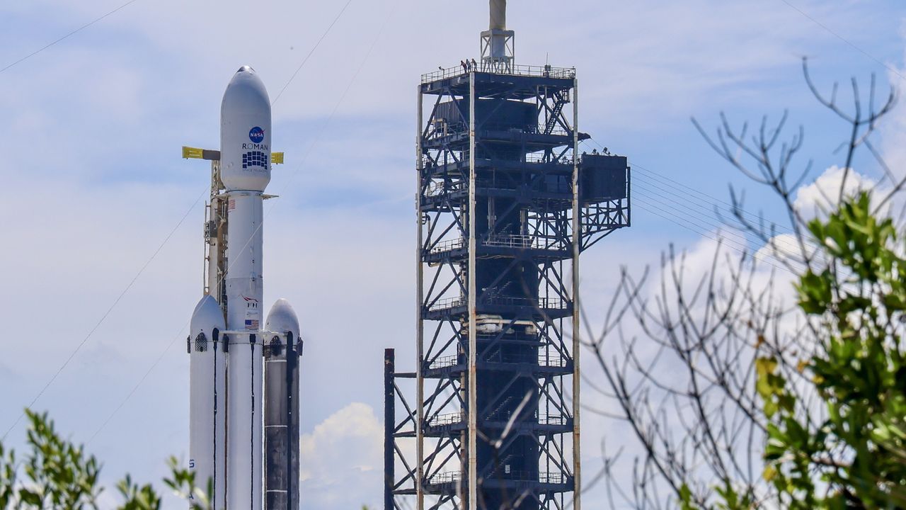 SpaceX's Falcon Heavy stands at LC-39A with NASA's Nancy Grace Roman Space Telescope on Aug. 29, 2026. - Space.com / Josh Dinner
