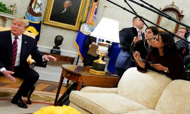US President Donald Trump dismisses a question from NBC News correspondent Kristen Welker during an Oval Office meeting at the White House in Washington, US. - Reuters file
