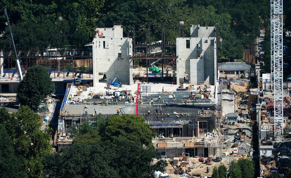 Workers continue construction on the new White House ballroom, as seen from the Washington Monument, Wednesday, Aug. 19, 2026, in Washington. - Associated Press/Alex Brandon