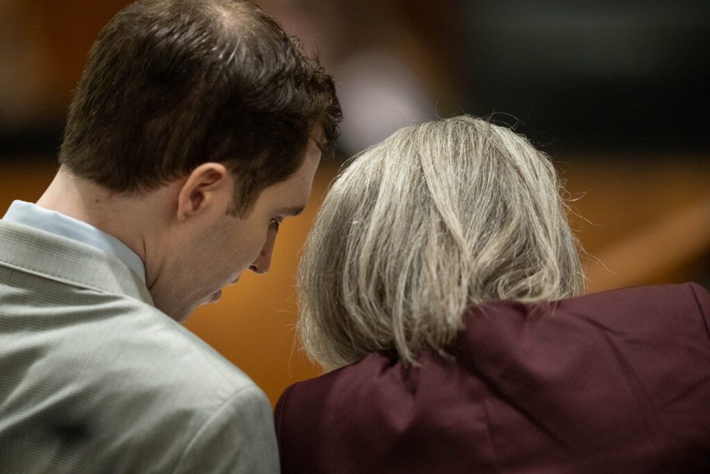Deputy Utah County Attorney Ryan McBride points to Tyler Robinson during closing arguments in Robinson’s preliminary hearing in Provo. - Pool photo by Francisco Kjolseth/The Salt Lake Tribune
