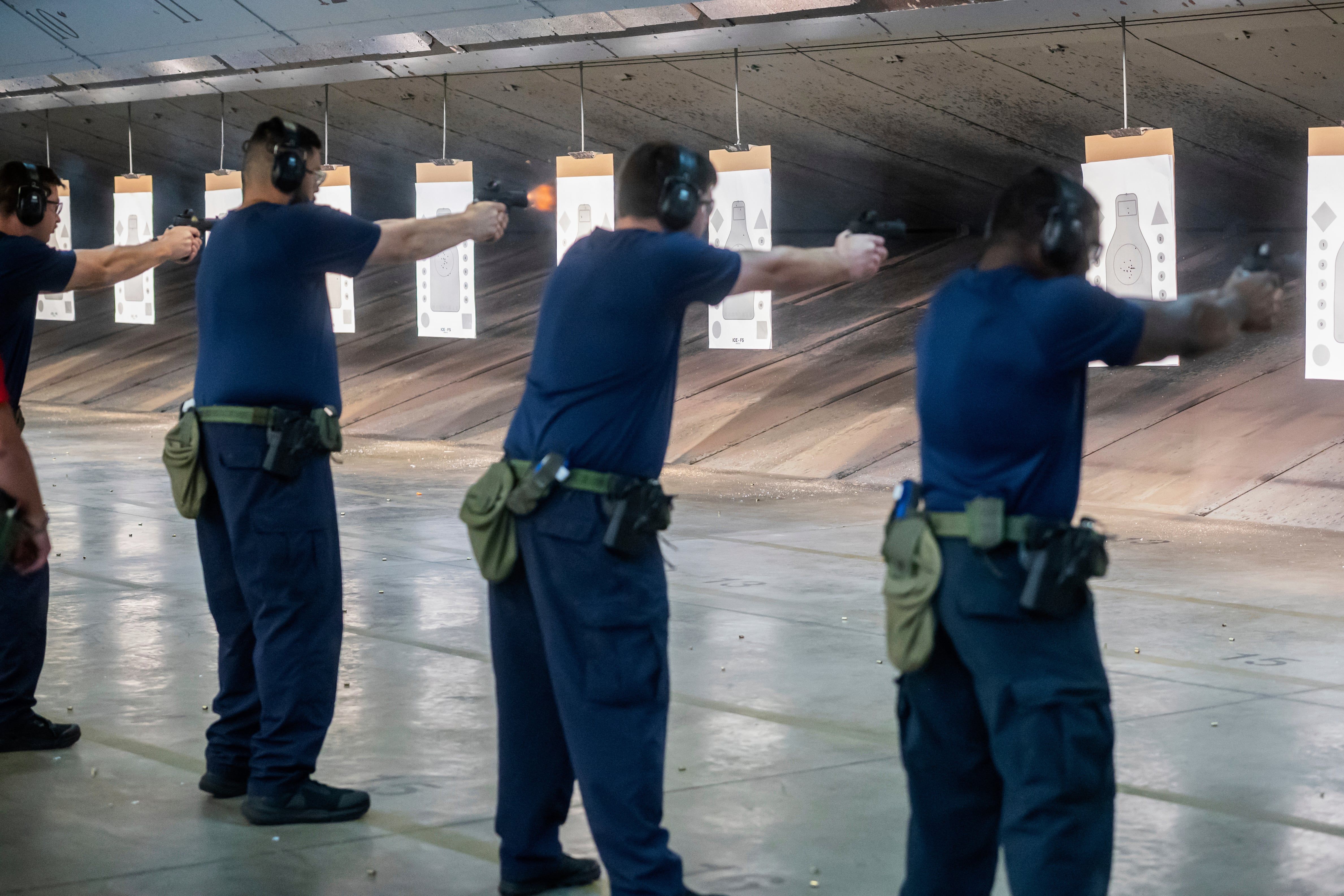 Immigration and Customs Enforcement trainees practice shooting handguns at the Federal Law Enforcement Training Centers in Brunswick, Ga., Aug. 21, 2025. - AP Photo/Fran Ruchalski
