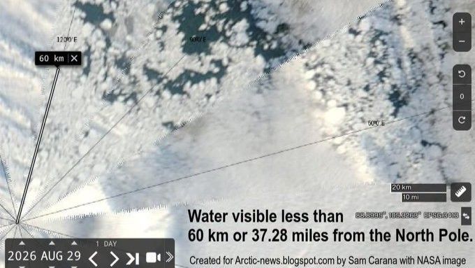 Water was visible less than 40 miles from the North Pole on Aug. 29, 2026. - NASA Worldview