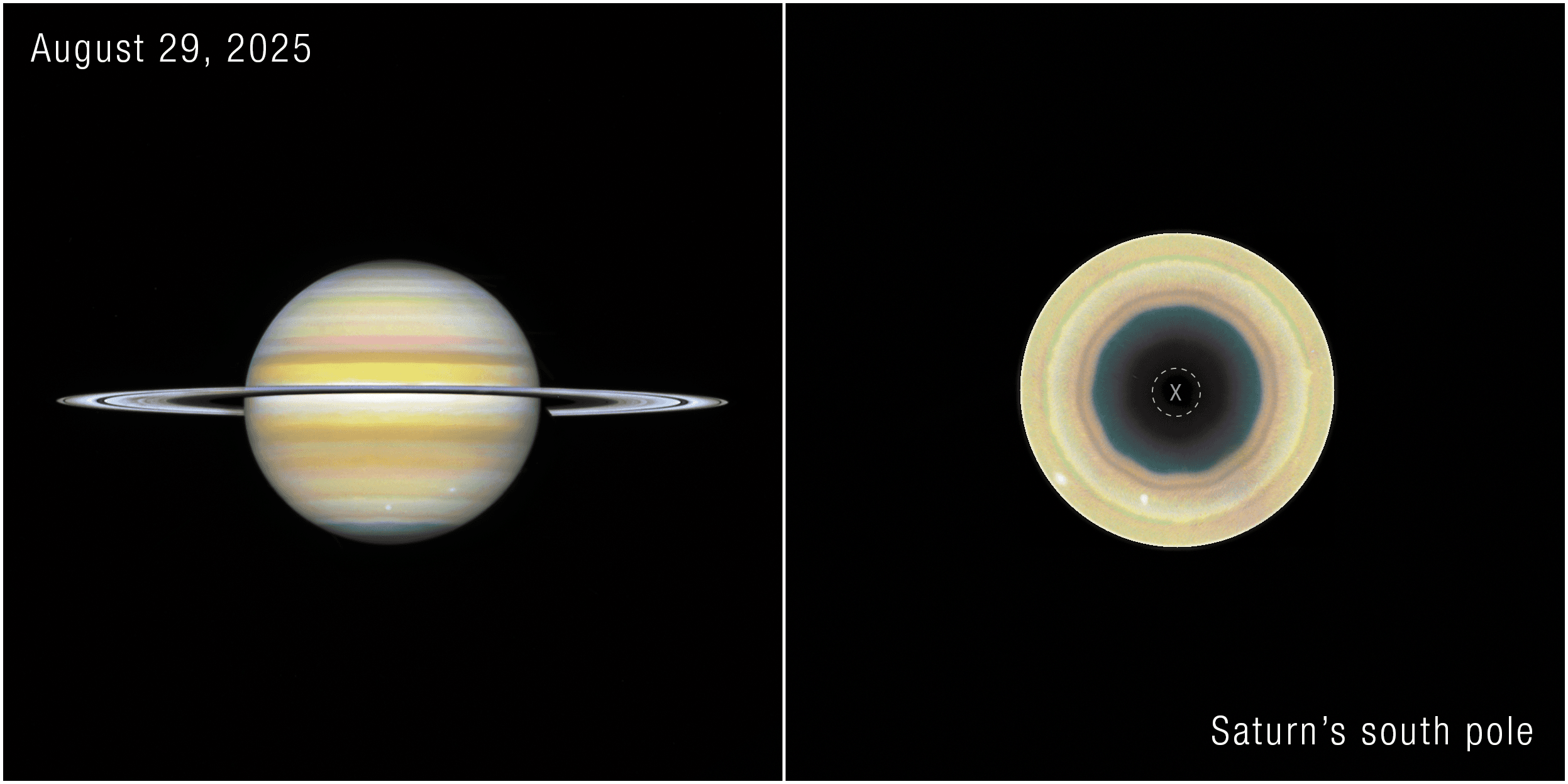 Hubble imagery associated with the newly reported geometric atmospheric structure on Saturn. - NASA, ESA, STScI