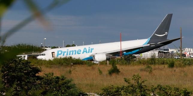 A view of an Amazon Prime Air cargo plane that airport officials said overran a runway at Miami International Airport, in Miami, Florida, September 6, 2026. - Reuters