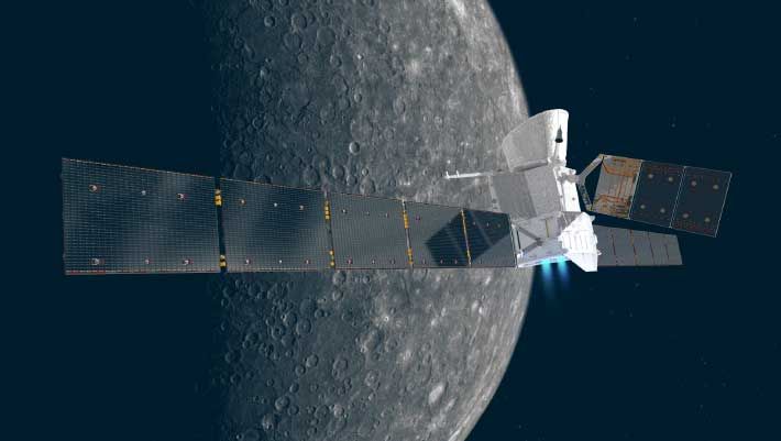 Artist’s impression of the ESA/JAXA BepiColombo spacecraft in cruise configuration, with Mercury in the background. - ESA / ATG Medialab / NASA / JPL