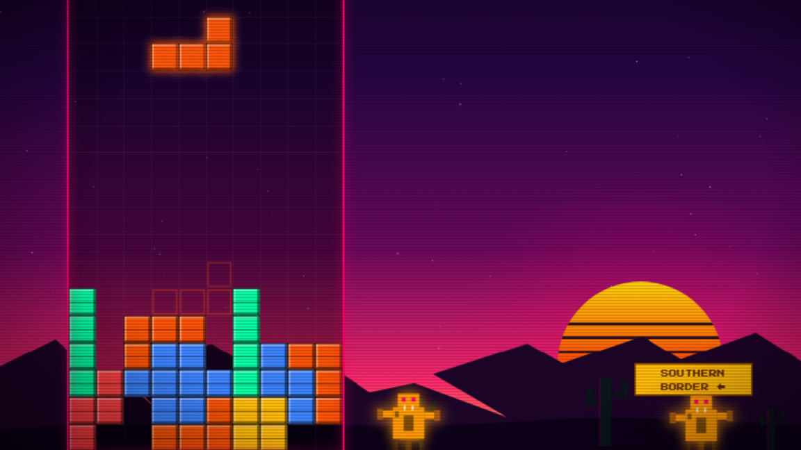 An impassable wall of Tetris-style bricks blocks a horde of “zombie” invaders in “Build the Wall.” - WhiteHouse.gov / Internet Archive