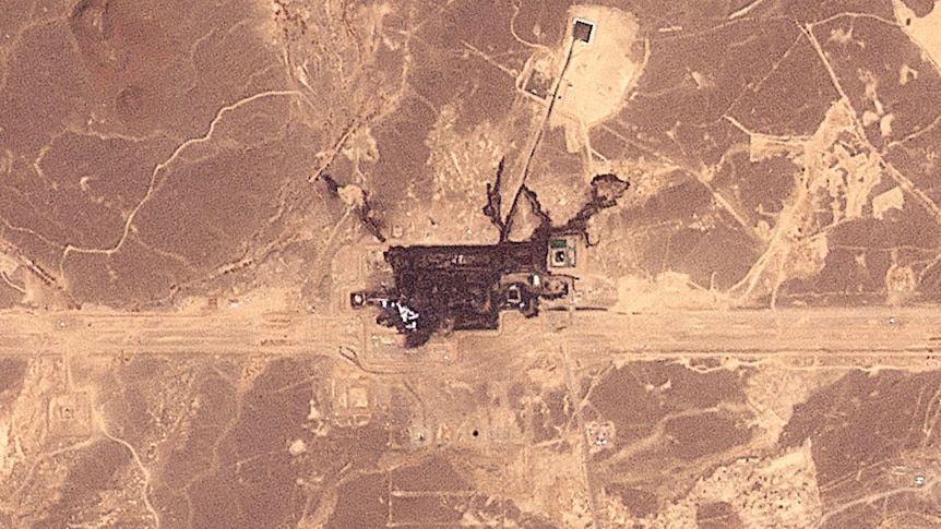 Satellite images show an East-West pipeline facility southeast of Medina before and after fire damage. - Planet Labs PBC/Reuters via ABC News
