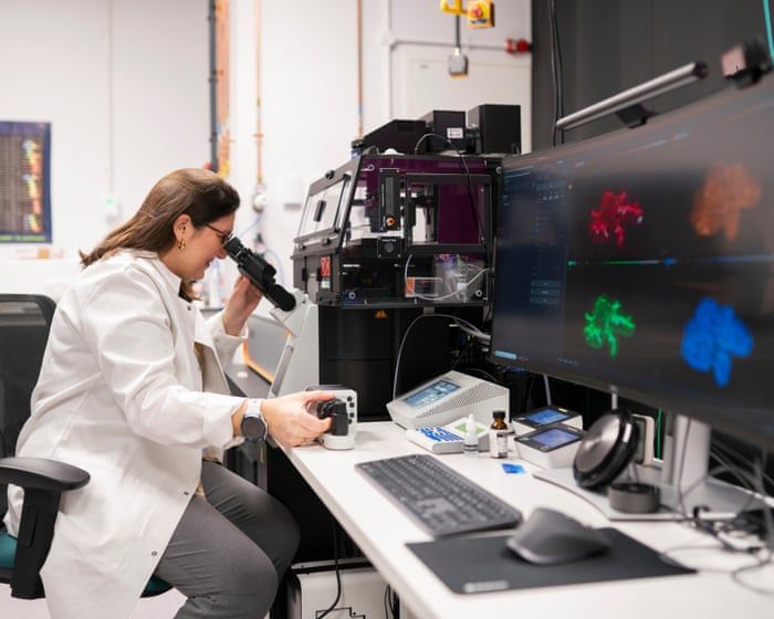 Dr Karina Pombo-Garcia examines the Curie microscope at the Rosalind Franklin Institute. - Adam Gasson/Rosalind Franklin Institute