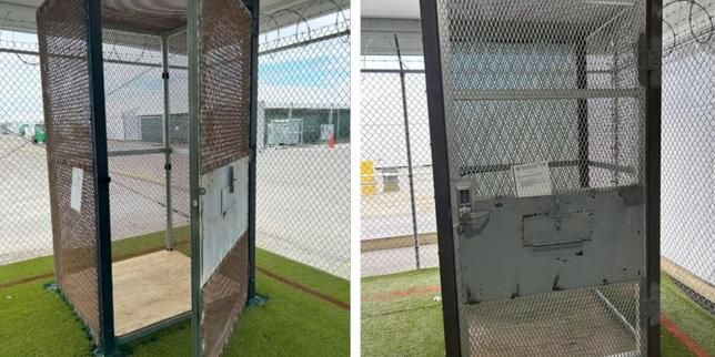 Small metal enclosures labeled as holding cells at Alligator Alcatraz in Ochopee, Florida, photographed during the January 21, 2026 inspection. - U.S. Department of Homeland Security Office of Inspector General