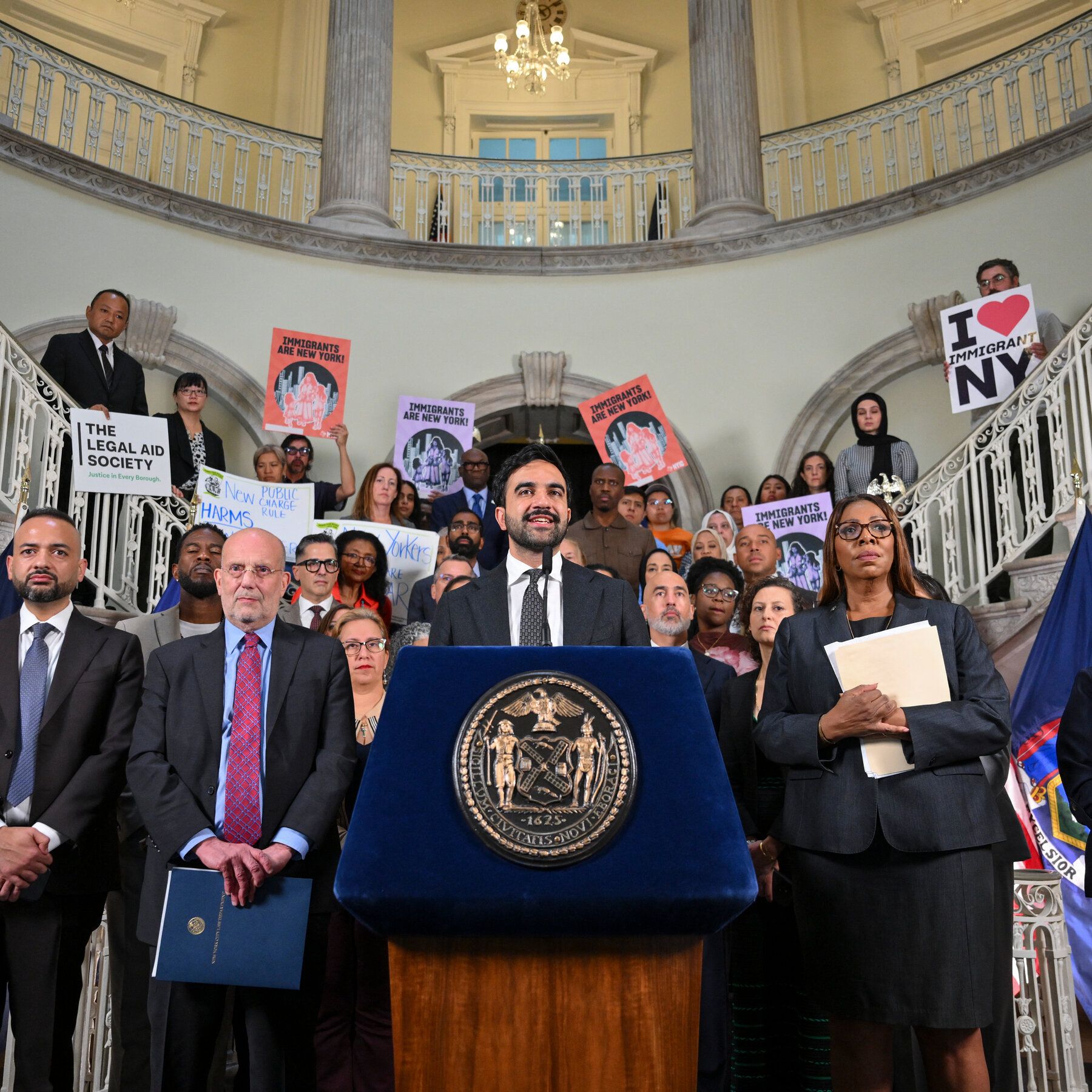 New York Mayor Zohran Mamdani and Attorney General Letitia James at a news conference about the lawsuit. - New York Times